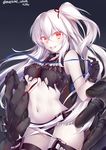  breasts destroyer_water_oni gloves glowing glowing_eyes highres kantai_collection long_hair medium_breasts obiwan pale_skin red_eyes revision shinkaisei-kan side_ponytail sleeveless smile solo underboob white_hair 
