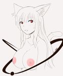  animal_ears asobi_ni_iku_yo! breasts cat_ears eris_(asobi_ni_iku_yo!) fang large_breasts long_hair monochrome nude open_mouth red_eyes solo tail urielmatt 