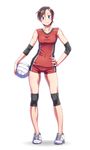  blue_eyes blush brown_hair covered_navel earrings elbow_pads fingernails full_body hair_ornament hairclip hand_on_hip highres jewelry knee_pads looking_at_viewer nail_polish no_socks original shoes short_hair shorts simple_background sleeveless smile sneakers solo sportswear thigh_gap tomboy volleyball volleyball_uniform wokada 