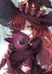  anna_(granblue_fantasy) black_dress buttons candle capriccio dress fire granblue_fantasy green_eyes hair_over_one_eye hat hug juliet_sleeves long_hair long_sleeves looking_at_viewer puffy_sleeves red_hair solo stitched_mouth stitches stuffed_toy witch_hat 