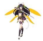  animal_ears armor bandages black_hair cat_ears cat_tail character_request collarbone crop_top highres holding holding_sword holding_weapon japanese_armor katana long_hair looking_at_viewer midriff navel official_art purple_eyes simple_background solo sword sword_art_online sword_art_online:_code_register tail weapon white_background yellow_eyes 