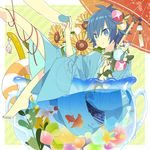  afloat animal barefoot blue_eyes blue_hair blue_nails commentary diagonal_stripes fish flower food fruit goldfish hair_flower hair_ornament hairpin hands holding holding_umbrella innertube japanese_clothes jug kaito kimono koi leaf legs_up long_sleeves miniboy morning_glory nail_polish parasol partially_submerged plant red_string sash shell solo_focus star star_print starfish string striped striped_background sunflower toenail_polish umbrella vines vocaloid water wide_sleeves wind_chime yoshiki yukata 