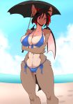  2018 anthro bat_wings beach big_breasts bikini black_hair breasts chest_tuft chiropteran cleavage clothed clothing cute_face cute_fangs digital_media_(artwork) eyebrows_visible_through_hair female fluffy fluffy_tail fur grey_fur hair hairclip holding_object holding_umbrella looking_at_viewer mammal membranous_wings multicolored_hair navel purple_eyes red_hair sagestrike2_(artist) seaside short_hair small_wings smile solo standing swimsuit teeth toony tuft umbrella whiskers wings 