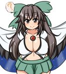  ? arms_behind_back bird_wings blush bow breasts brown_eyes brown_hair c: cape cleavage collarbone covered_nipples curvy hair_bow huge_breasts large_bow long_hair looking_at_viewer microskirt midriff moyashi_udon navel reiuji_utsuho skirt smile solo spoken_question_mark third_eye toned touhou wide_hips wings 