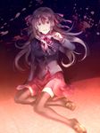  black_legwear blazer breasts hair_ribbon jacket large_breasts lavender_hair long_hair long_sleeves looking_at_viewer open_mouth original red_eyes red_skirt ribbon scared school_uniform shirt sitting skirt solo sunakumo sweat tears thighhighs thighs two_side_up zettai_ryouiki 