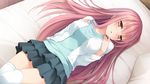  bed blush brown_eyes female game_cg highres imouto_no_katachi long_hair lying mutou_kurihito pink_hair sena_miyuki skirt sphere thighhighs 