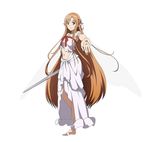  ankle_lace-up anklet armpits asuna_(sao) barefoot brown_eyes brown_hair crop_top cross-laced_footwear foreshortening full_body highres holding holding_sword holding_weapon jewelry long_hair long_legs looking_at_viewer midriff navel official_art outstretched_arm outstretched_hand pointy_ears simple_background smile solo sword sword_art_online sword_art_online:_code_register titania_(sao) very_long_hair weapon white_background wings 