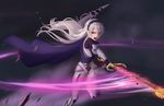  armor athenawyrm barefoot cape dark_background female_my_unit_(fire_emblem_if) fire_emblem fire_emblem_if glowing glowing_weapon grey_hair hairband long_hair looking_at_viewer mamkute my_unit_(fire_emblem_if) open_mouth pointy_ears red_eyes solo sword weapon 