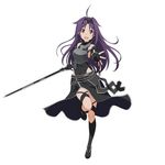  ahoge black_gloves black_legwear black_ribbon breastplate covered_navel fingerless_gloves full_body gloves hair_ribbon highres holding holding_sword holding_weapon long_hair looking_at_viewer official_art open_mouth purple_hair red_eyes ribbon simple_background smile solo sword sword_art_online sword_art_online:_code_register weapon white_background yuuki_(sao) 