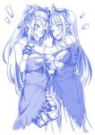  alicia_(granblue_fantasy) aliza_(granblue_fantasy) blue breasts cleavage draph dress earrings gloves granblue_fantasy headpiece horns jewelry large_breasts long_hair moku_(racie45bv) monochrome mother_and_daughter multiple_girls open_mouth pointy_ears simple_background underboob white_background 