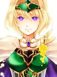  acacia_(flower_knight_girl) armor bad_id bad_pixiv_id blonde_hair cape circlet flower_knight_girl green_armor knenj looking_at_viewer object_namesake purple_eyes short_hair smile solo upper_body white_background 
