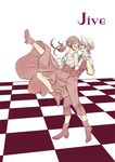  1girl ^_^ bow brown_hair checkered checkered_floor closed_eyes dancing dress english female_saniwa_(touken_ranbu) hair_bow holding_hands monoyoshi_sadamune necktie open_mouth ponytail saniwa_(touken_ranbu) smile touken_ranbu tsugumi_(uzurabird) white_hair yellow_eyes 