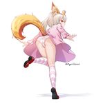  ahoge animal_ears artist_name ass closed_mouth dress elin_(tera) expressionless fox_ears fox_tail from_behind full_body kneepits leg_up loafers long_sleeves looking_back magma_chipmunk outstretched_arms panties pink_dress ponytail puffy_pants red_eyes red_footwear shoes simple_background solo standing striped striped_legwear tail tera_online thighs underwear white_background white_panties 