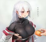  :o albino bangs blunt_bangs blush bodysuit breasts bridal_gauntlets collarbone flying_sweatdrops food fruit grey_background hands highres holding holding_food holding_fruit japanese_clothes kimono large_breasts long_hair mandarin_orange obi off_shoulder open_clothes open_kimono open_mouth original red_eyes sash simple_background skin_tight solo_focus sweatdrop taishi_(picchiridou) text_focus translation_request tsuru-chan upper_body white_hair 