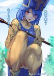  ashiomi_masato blue_hair bodysuit dragon_quest dragon_quest_iii hat long_hair looking_at_viewer orange_bodysuit priest_(dq3) red_eyes solo squatting staff 