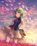  arms_behind_back bare_shoulders cloud cloudy_sky dress elbow_gloves field fish flower flower_field flying_fish gloves green_eyes green_hair hair_ribbon hat hat_removed headwear_removed outdoors petticoat red_ribbon ribbon shiki_eiki short_dress sidelocks sky smile solo spider_lily standing sun sunset touhou tress_ribbon white_dress white_gloves yamadori_ofuu 