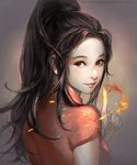  artist_name brown_eyes brown_hair fire high_ponytail highres index_finger_raised long_hair looking_back original phong_anh ponytail realistic solo upper_body watermark 