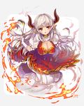  alicia_(granblue_fantasy) breasts draph dress earrings fire granblue_fantasy hong_(white_spider) horns jewelry ladle large_breasts long_hair mature orange_eyes pointy_ears red_dress silver_hair solo 