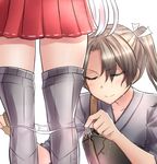  assisted_exposure blush boots closed_eyes commentary_request green_hair grey_footwear hair_between_eyes highres japanese_clothes kantai_collection kimono long_hair md5_mismatch multiple_girls muneate neit_ni_sei panties panty_pull pleated_skirt pulled_by_another red_skirt short_hair short_sleeves short_twintails shoukaku_(kantai_collection) side-tie_panties simple_background skirt smile solo_focus standing sweatdrop thigh_boots thighhighs twintails underwear white_background white_hair white_panties yuri zettai_ryouiki zuikaku_(kantai_collection) 