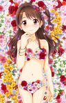  bad_id bad_pixiv_id bikini blush bracelet brown_eyes brown_hair field flower flower_field hair_flower hair_ornament highres hiro9779 idolmaster idolmaster_cinderella_girls jewelry long_hair looking_at_viewer midriff navel one_side_up shimamura_uzuki solo swimsuit 