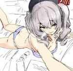  :p ass back beret blue_bra blue_eyes blue_panties blush bra breasts cleavage condom_packet_strip condom_wrapper grey_hair hat iwasaki_takashi kantai_collection kashima_(kantai_collection) long_hair lying on_stomach panties partially_colored sketch smile solo tongue tongue_out twintails underwear underwear_only 