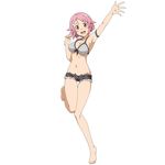  arm_up armpits barefoot bikini_top breasts cleavage cutoffs freckles front-tie_top full_body highres lisbeth lisbeth_(sao-alo) looking_at_viewer medium_breasts navel official_art open_mouth pink_eyes pink_hair pointy_ears short_hair short_shorts shorts simple_background solo striped_bikini_top sword_art_online sword_art_online:_code_register thigh_gap white_background 