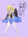  armor arthuria_(camel) blonde_hair boots camel_(dansen) dress female green_eyes knight no_nose original ringlets shield simple_background solo sword weapon white_legwear wind wink 