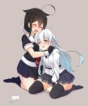  ;d ^_^ ^o^ ahoge belt between_legs black_hair black_legwear black_serafuku blue_eyes blush closed_eyes commentary_request drunk hair_flaps hair_ornament hand_between_legs hand_on_another's_shoulder hibiki_(kantai_collection) highres hug kantai_collection kneeling long_sleeves matsunoki_(unknown_751) multiple_girls necktie one_eye_closed open_mouth remodel_(kantai_collection) sailor_collar school_uniform serafuku shigure_(kantai_collection) shoes_removed short_sleeves silver_hair simple_background sitting smile socks thighhighs verniy_(kantai_collection) 