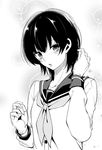  alternate_hair_length alternate_hairstyle ataru_(cha2batake) bangs blush collarbone gloves greyscale isokaze_(kantai_collection) kantai_collection long_sleeves looking_at_viewer monochrome neckerchief open_mouth school_uniform short_hair solo sparkle_background upper_body 