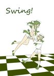  1girl checkered checkered_floor closed_eyes dancing english female_saniwa_(touken_ranbu) garters green_eyes green_hair hat hotarumaru kneehighs sailor sailor_hat saniwa_(touken_ranbu) shorts silver_hair smile sock_garters touken_ranbu tsugumi_(uzurabird) 