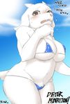  animal_ears bikini blue_bikini blush breasts brown_eyes cameltoe covered_nipples fangs furry goat_ears goat_girl goat_horns large_breasts lowleg lowleg_bikini micro_bikini monster_girl slit_pupils solo swimsuit toriel underboob undertale yukaran_nosuke 