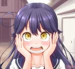  bangs blush commentary_request face hands_on_own_cheeks hands_on_own_face highres kantai_collection long_hair open_mouth purple_hair school_uniform serafuku solo swept_bangs tamanoi_peromekuri upper_body ushio_(kantai_collection) yellow_eyes 