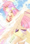  alisky angel_wings ass breasts crop_top cross feathered_wings flat_ass halo highres jibril_(no_game_no_life) large_breasts long_hair low_wings magic_circle no_game_no_life pink_hair sideboob smile solo symbol-shaped_pupils tattoo thighhighs white_wings wing_ears wings yellow_eyes 