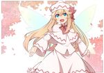 blonde_hair blue_eyes bow bowtie capelet cherry_blossoms dress fairy_wings hat hat_bow lily_white long_hair open_mouth outstretched_arms petals red_bow red_neckwear smile solo touhou very_long_hair white_dress wide_sleeves wings yutamaro 