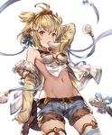  77gl ahoge andira_(granblue_fantasy) animal_ears arm_warmers banana bell blonde_hair blue_ribbon breasts duplicate eating erune food food_in_mouth fruit granblue_fantasy groin hairband jingle_bell looking_at_viewer monkey_ears monkey_tail mouth_hold navel red_eyes ribbon short_shorts shorts sideboob simple_background small_breasts solo tail tail_bell tail_ribbon thighhighs white_background 