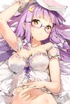  :&lt; alternate_eye_color anmi arm_up armpits babydoll bangs bare_shoulders bed_sheet bespectacled blunt_bangs blush book bow breasts brown_eyes cleavage closed_mouth collarbone crescent crescent_hair_ornament detached_sleeves from_above glasses hair_bow hair_ornament head_tilt highres holding holding_book large_breasts long_hair looking_at_viewer lying midriff navel on_back open_book patchouli_knowledge puffy_short_sleeves puffy_sleeves purple-framed_eyewear purple_hair scrunchie semi-rimless_eyewear short_sleeves solo stomach sweatdrop tareme touhou under-rim_eyewear upper_body white_bow wrist_scrunchie 