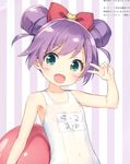  blush character_request child flat_chest green_eyes loli manaka_lala pripara purple_hair ribbon school_swimsuit short_hair swimsuit white_swimsuit 