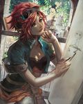  artist_name braid breasts canvas_(object) cleavage drawing dutch_angle green_eyes highres looking_up medium_breasts orange_hair original paintbrush phong_anh plant pointy_ears realistic shirt short_hair solo watermark window 