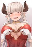  alicia_(granblue_fantasy) blush breasts center_opening cleavage draph dress earrings gloves granblue_fantasy highres horns jewelry large_breasts long_hair looking_at_viewer nuko_(mikupantu) open_mouth pointy_ears red_eyes silver_hair simple_background smile solo tug white_gloves 