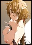  bad_id bad_pixiv_id between_breasts black-framed_eyewear breasts brown_eyes brown_hair collarbone flower glasses hair_between_eyes large_breasts lily_(flower) long_hair looking_at_viewer nipples original shikei solo topless white_flower 