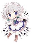  :o apron bad_id bad_pixiv_id bangs between_fingers black_gloves blue_eyes blush boots bow braid brown_footwear chibi cross-laced_footwear curly_hair frilled_apron frills full_body gloves green_bow hair_bow holding holding_knife izayoi_sakuya knee_boots knife knives_between_fingers kyou_(nekoneko) lace-up_boots looking_to_the_side maid maid_headdress open_mouth petticoat pocket_watch puffy_short_sleeves puffy_sleeves short_hair short_sleeves side_braid silver_hair simple_background solo touhou twin_braids v-shaped_eyebrows watch weapon white_background 