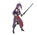  ahoge black_gloves black_legwear breastplate fingerless_gloves full_body gloves hair_ribbon highres holding holding_sword holding_weapon long_hair looking_at_viewer official_art open_mouth pointy_ears purple_eyes purple_hair red_ribbon ribbon simple_background smile solo sword sword_art_online sword_art_online:_code_register weapon white_background yuuki_(sao) 