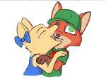  2019 anthro bite canine cheek_tuft clothed clothing cub dipstick_ears disney duo ear_bow female fox gloves_(marking) green_eyes hat male mammal markings neckerchief nick_wilde red_fox scout_uniform simple_background skye_(zootopia) tggeko tuft uniform white_background young zootopia 