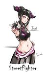  alternate_color bangs bare_shoulders black_hair bracelet breasts detached_sleeves drill_hair fingerless_gloves gloves halter_top halterneck han_juri hand_on_hip jewelry large_breasts looking_at_viewer midriff navel pointing pointing_at_viewer purple_eyes relaxjon short_hair solo spiked_bracelet spikes street_fighter street_fighter_iv_(series) twin_drills 