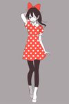  bow dress hair_bow kitashirakawa_tamako leggings long_hair momose_(oqo) monochrome one_eye_closed polka_dot polka_dot_dress solo spot_color standing tamako_market 