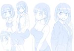  :d ai-chan_(tawawa) blazer blue blush_stickers braid breasts character_sheet chibi cleavage collarbone commentary getsuyoubi_no_tawawa himura_kiseki jacket large_breasts monochrome necktie open_mouth pleated_skirt profile school_uniform short_hair side_braid sitting sketch skirt smile tank_top v_arms 