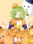  ;d braid breasts candy choker cleavage crown_braid flower_knight_girl food food_themed_clothes food_themed_hair_ornament ghost green_hair hair_ornament layered_sleeves looking_at_viewer medium_breasts nimu_(aruka7x21) one_eye_closed open_mouth orange_choker orange_skirt pepo_(flower_knight_girl) pumpkin_hair_ornament red_eyes short_hair skirt smile solo squash yellow_background 