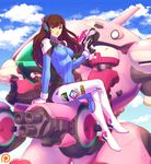  breasts brown_eyes brown_hair crossed_legs d.va_(overwatch) day facial_mark gloves gun handgun long_hair looking_at_viewer mecha medium_breasts meka_(overwatch) overwatch pilot_suit pistol shunkaku sitting solo weapon whisker_markings 