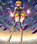  &gt;:) armor ass_visible_through_thighs bangs bare_shoulders black_leotard blue_eyes blurry blush boots breasts breasts_apart closed_mouth cloud commentary_request covered_collarbone covered_navel covered_nipples depth_of_field dual_wielding elbow_gloves fishnets flipped_hair full_body glint gloves glowing groin hair_between_eyes halterneck highleg highleg_leotard highres holding holding_weapon igawa_sakura impossible_clothes impossible_leotard kagami_hirotaka large_breasts legs_apart lens_flare leotard light_particles light_smile looking_at_viewer miniskirt motion_blur night night_sky ninja official_art orange_hair orange_skirt outdoors outline pleated_skirt reverse_grip shiny shiny_clothes shiny_hair short_hair showgirl_skirt skin_tight skirt sky smile solo standing star_(sky) starry_sky taimanin_(series) taimanin_asagi taimanin_asagi_zero tantou thigh_boots thighhighs thighs turtleneck v-shaped_eyebrows weapon 