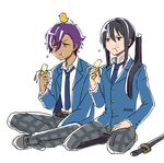  2boys banana bird black_hair eating ensemble_stars! food fruit hand_on_own_thigh kanzaki_souma long_hair male_focus multiple_boys otogari_adonis pants plaid plaid_pants ponytail purple_hair school_uniform seiza sitting slouching sword weapon yumenosaki_school_uniform 